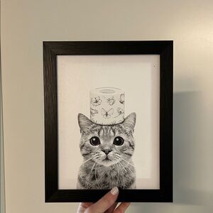 Framed Cat Art with Toilet Paper Hat